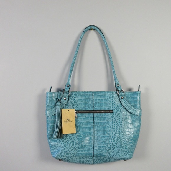 Patricia Nash Abingdon Blue Grass Genuine Leather Tote Bag Croc Embossed 966 - Picture 1 of 16